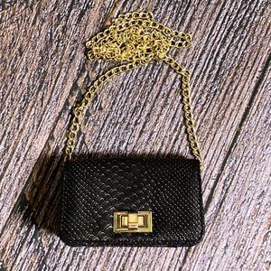 Black Faux Snakeskin Clutch Purse with Gold Chain Strap - Small Crossbody Bag